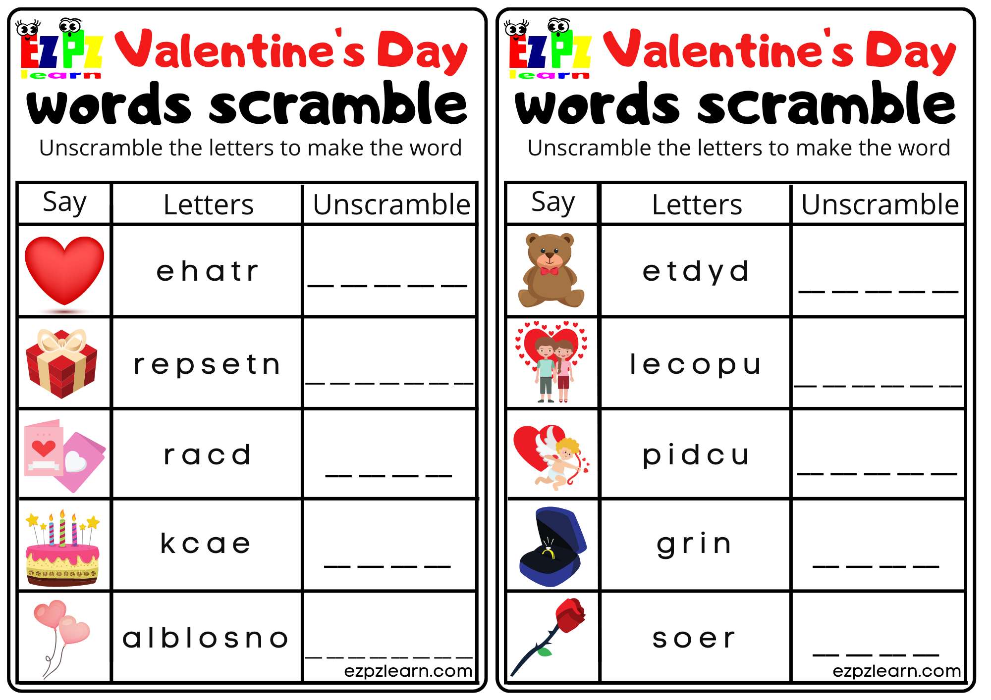Valentine's Holiday Word Scramble. Free PDF Worksheet Download
